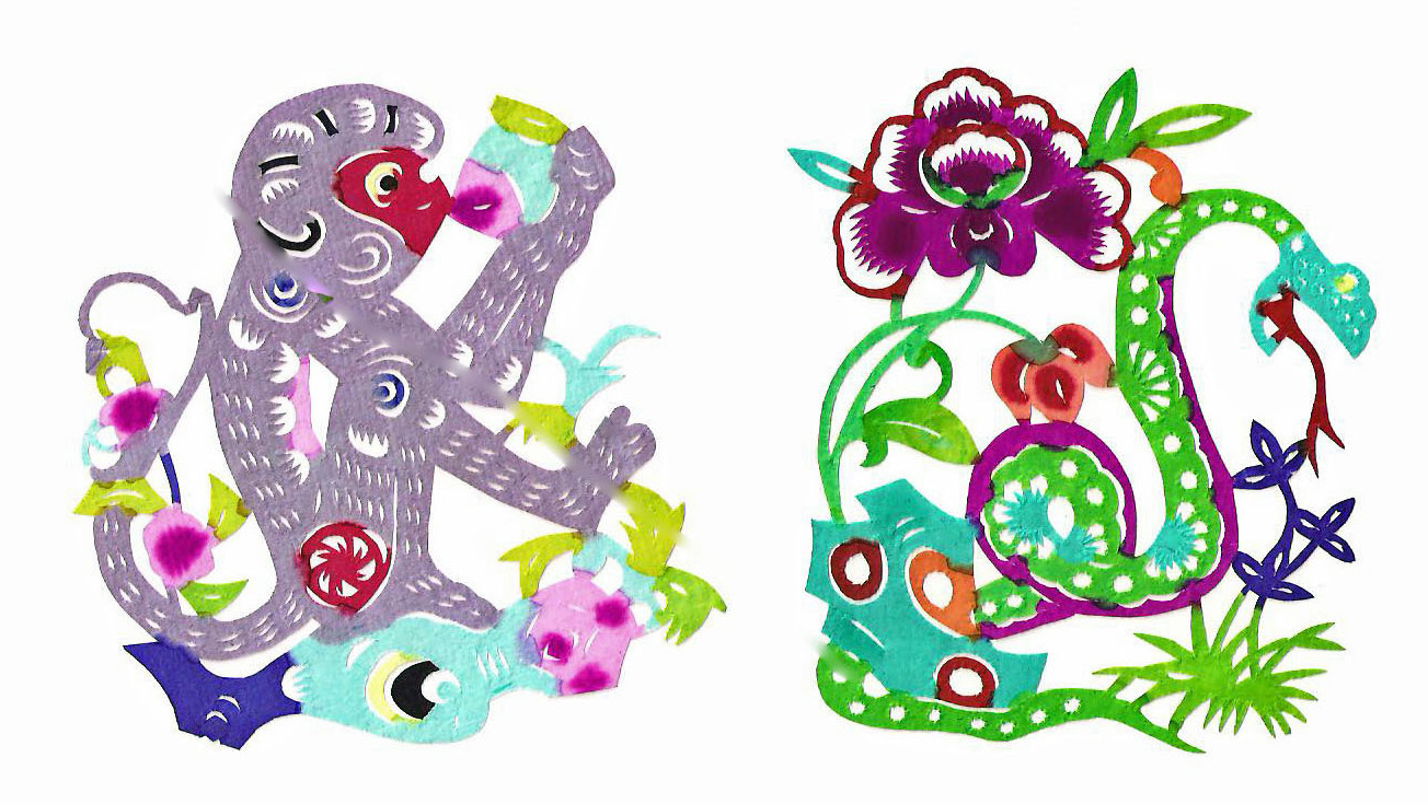 colored monkee and snake vintage chinese cuttings
